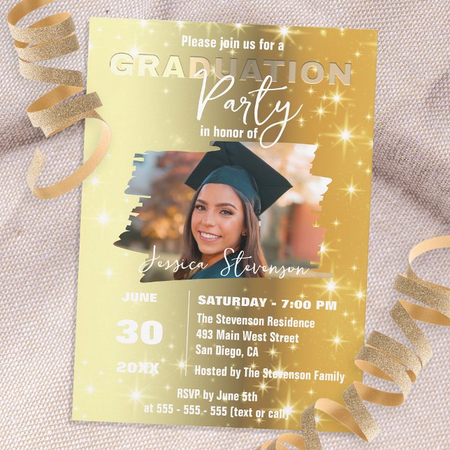 Invitation Sparkly Chic Gold Metallic Photo Graduation Party (Créateur téléchargé)