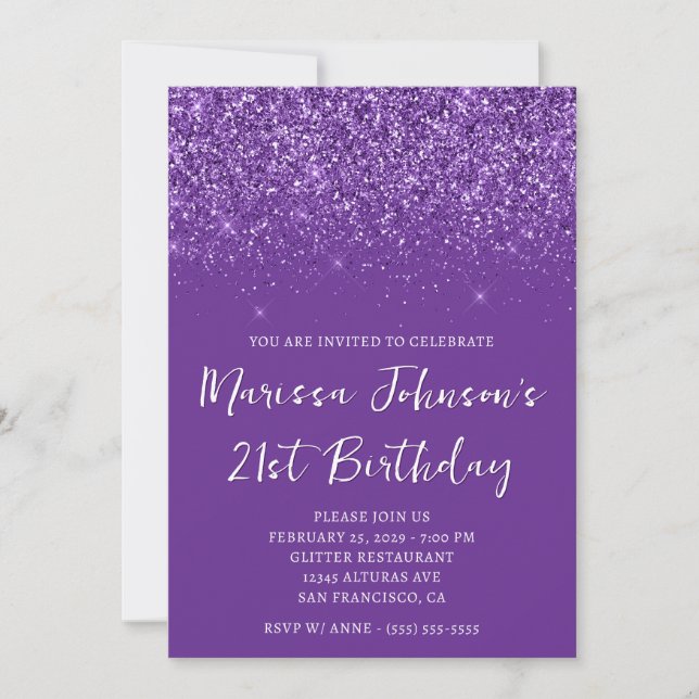 Invitation Sparkly Glittery Royal Purple 21e anniversaire (Devant)