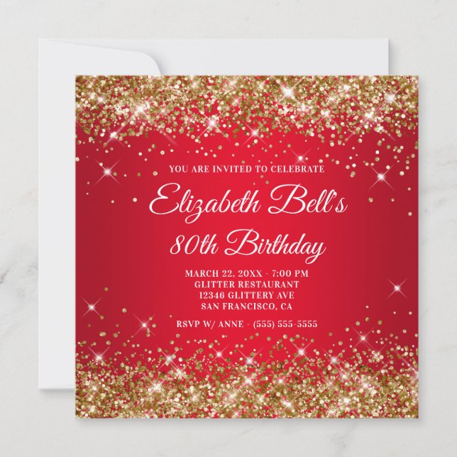 Invitation Sparkly Gold Parties scintillant Rouge Ombre 80e a (Devant)