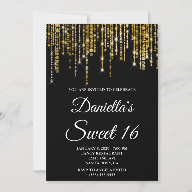 Invitation Sparkly Gold String Lights Black Sweet 16 (Devant)