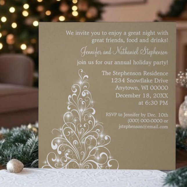 Invitation Sparkly Holiday Tree, Latte (Latte Sparkly Holiday Tree Christmas Party Invitation)