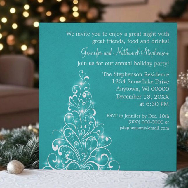 Invitation Sparkly Holiday Tree, Turquoise (Teal Sparkly Holiday Tree Christmas Party Invitation)