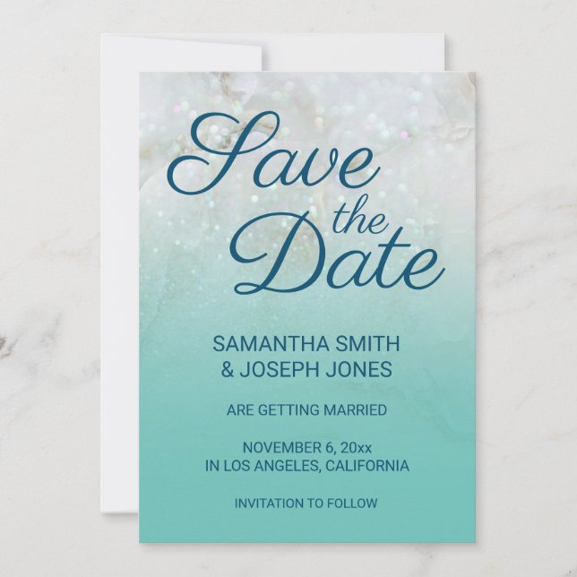 Invitation Sparkly Marble Turquoise Ombre Enregistrer la date (Devant)