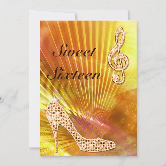 Invitation Sparkly Orange Music Note & Stiletto 16e anniversa (Devant)