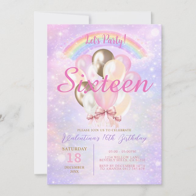 Invitation Sparkly Rainbow Glitter Balloon 16th Birthday (Devant)