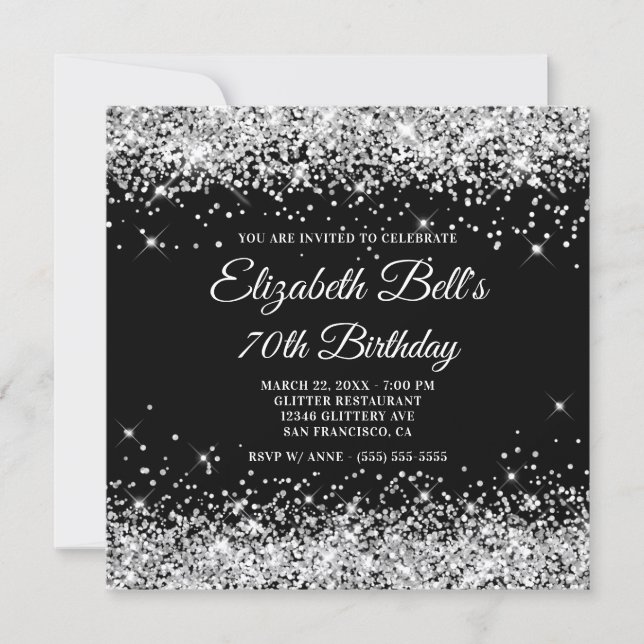 Invitation Sparkly Silver Glitter Black Color 70th Birthday (Devant)