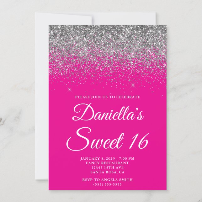 Invitation Sparkly Silver Glitter Hot Pink Sweet 16 (Devant)
