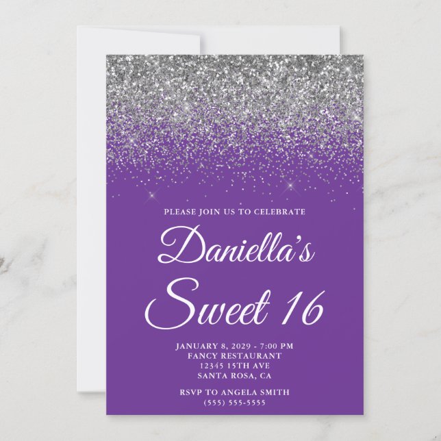 Invitation Sparkly Silver Glitter Royal Purple Sweet 16 (Devant)