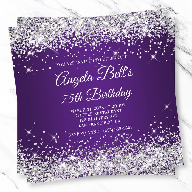 Invitation Sparkly Silver Parties scintillant Royal Purple 75 (Sparkly Silver Glitter Royal Purple 75th Birthday Invitation)