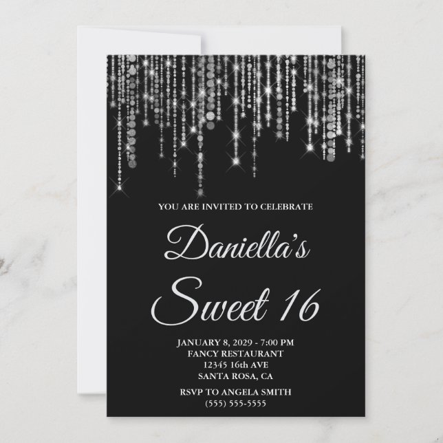 Invitation Sparkly Silver String Lights Black Sweet 16 (Devant)
