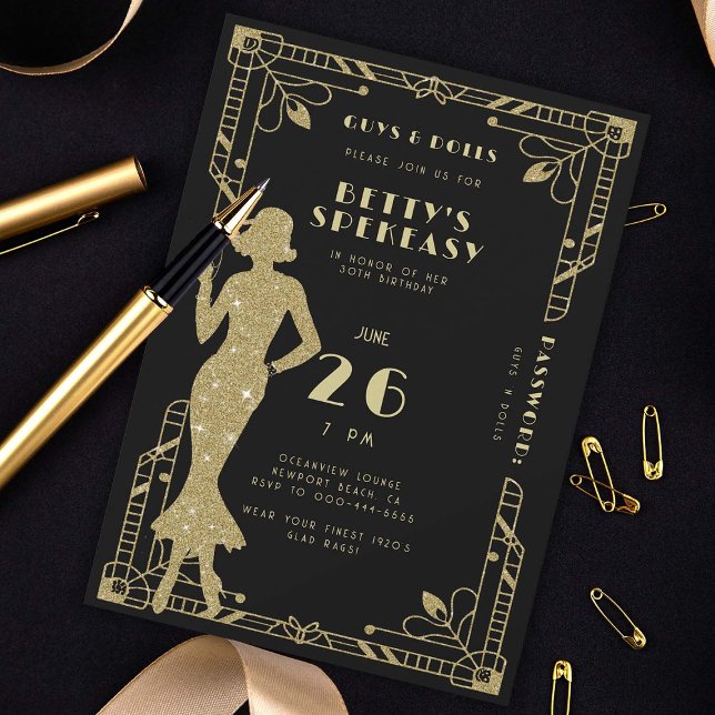 Invitation Speakeasy Flapper Roaring 20s Gatsby Gold Annivers (speakeasy gatsby roaring 20s birthday party invitation gold black deco nouveau frame flapper dance)