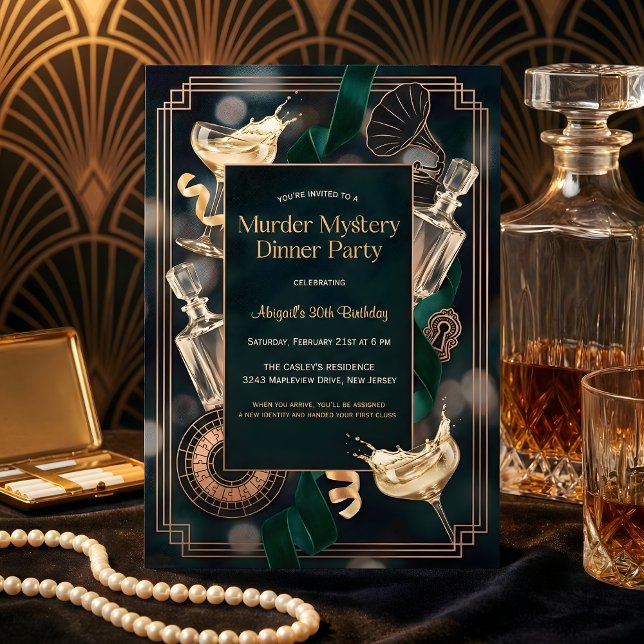 Invitation Speakeasy Murder Mystery Dinner Birthday Party (Speakeasy Murder Mystery Birthday – Art Deco Black & Gold, Champagne, Personalized)