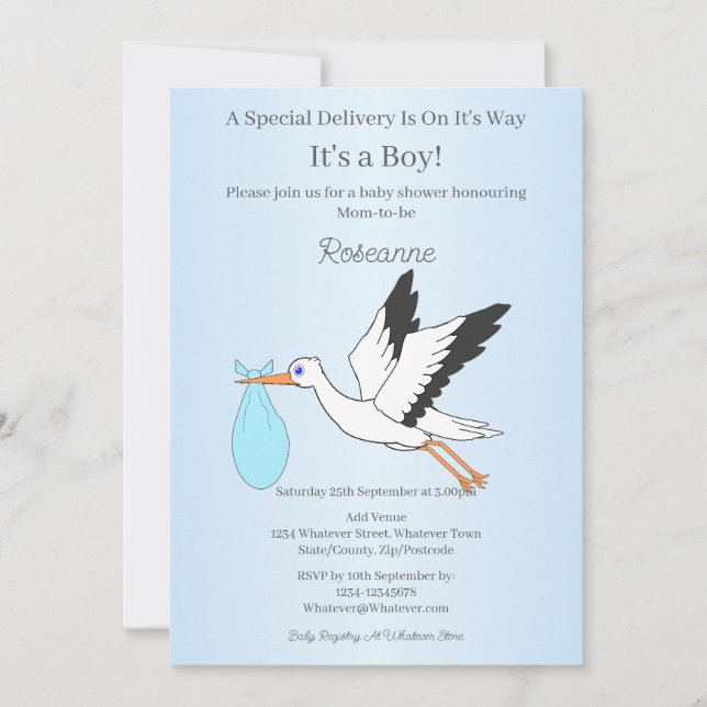 Invitation Special Delivery Stork Baby Boy Baby Shower (Devant)