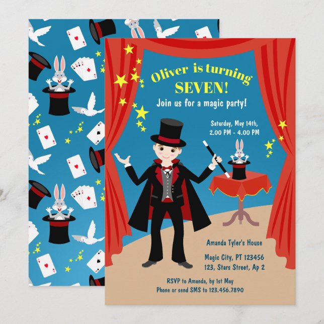 Invitation Spectacle de magicien garçon pour anniversaire (Devant / Derrière)
