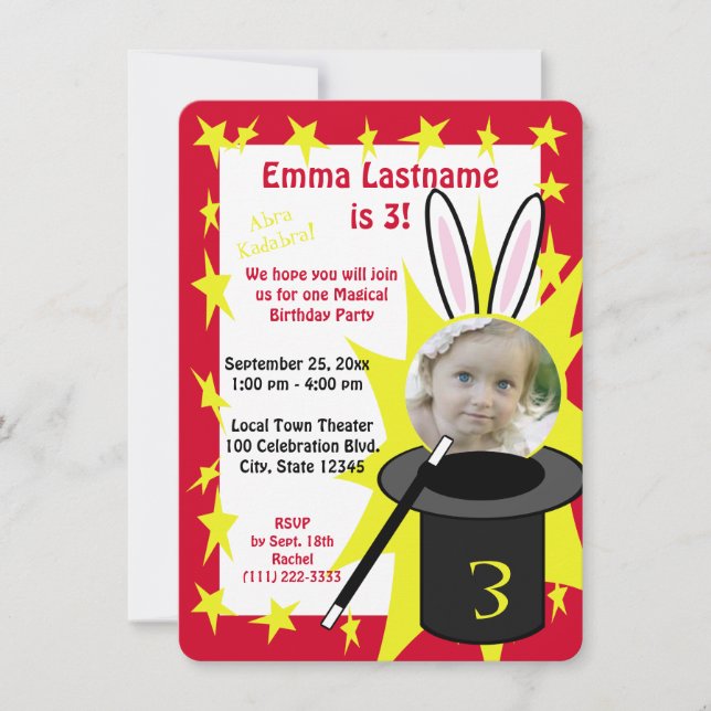 Invitation Spectacle de Magie Anniversaire Rouge (Devant)