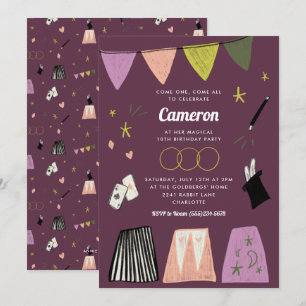 Invitation Spectacle de magie violet pour l'anniversaire des
