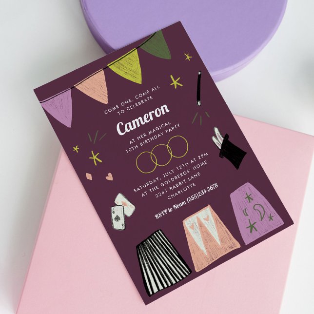 Invitation Spectacle de magie violet pour l'anniversaire des  (Purple Magic Show Kids Birthday Invitation)