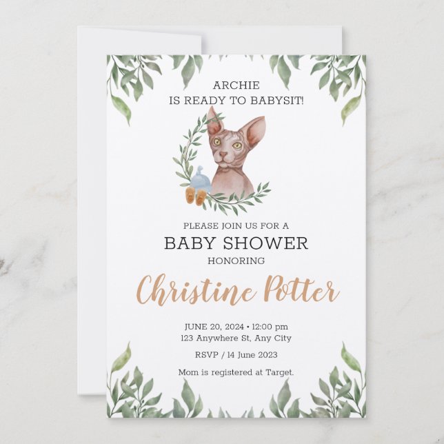Invitation Sphynx Chat Boy Boho Baby shower verdoyant (Devant)