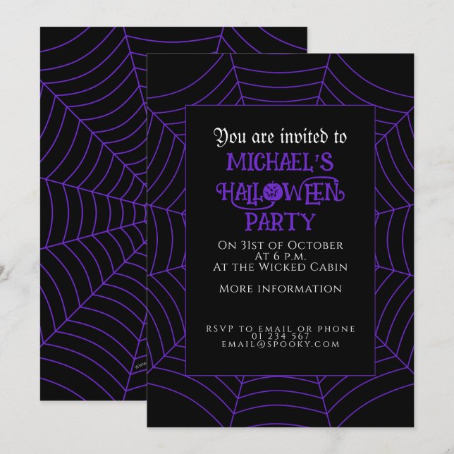 Invitation Spider web noir violet blanc Halloween fête (Devant / Derrière)