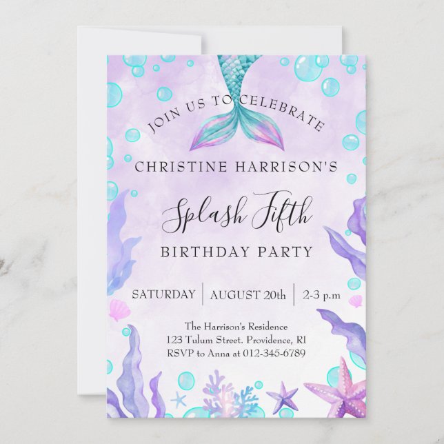 Invitation Splash de la Sirène pour un 5ème Anniversaire  (Devant)