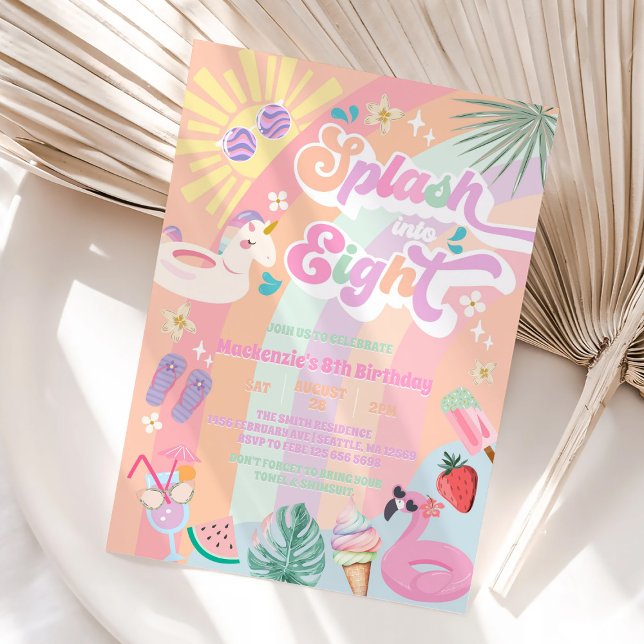 Invitation Splash Into Eight Summer Rainbow Sun 8th Birthday  (Créateur téléchargé)
