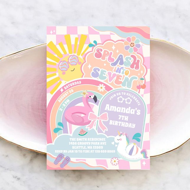 Invitation Splash Into Seven Pool Party Rainbow 7th Birthday  (Créateur téléchargé)