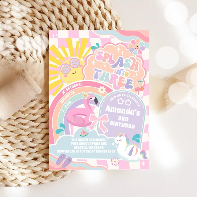 Invitation Splash Into Three Pool Party Rainbow 3rd Birthday (Créateur téléchargé)