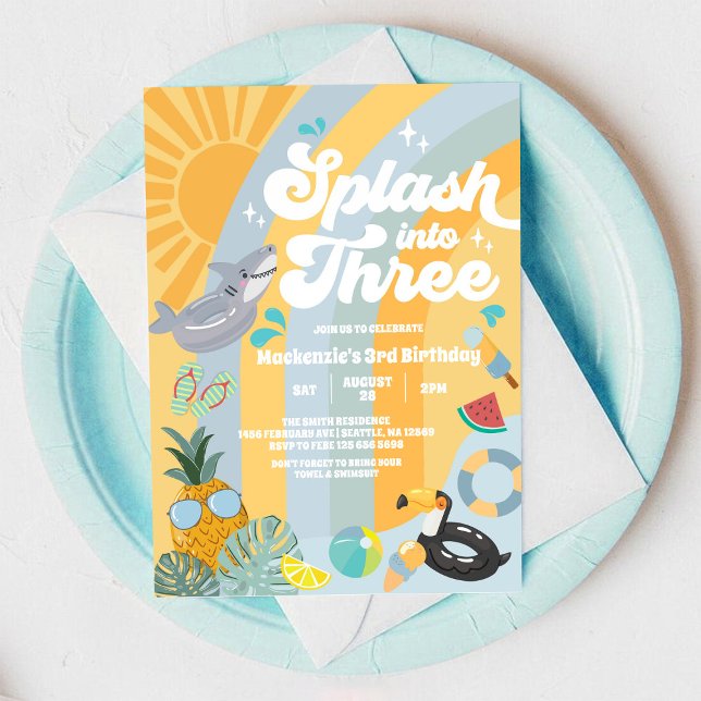 Invitation Splash Into Three Summer Rainbow Sun 3rd Birthday  (Créateur téléchargé)