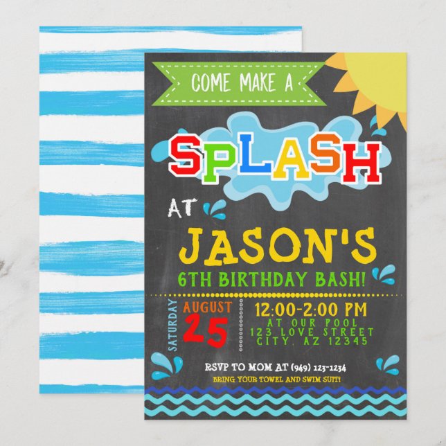 Invitation Splash Park Party Summer Boy's Birthday (Devant / Derrière)