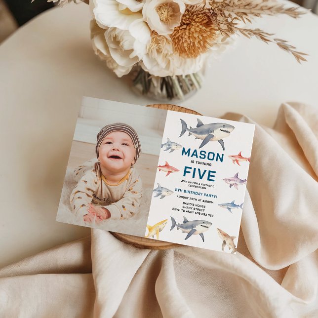Invitation Splash Shark 5e anniversaire | Enfants mignons de  (Shark Splash 5th Birthday Party | Cute Ocean Kids Invitation)