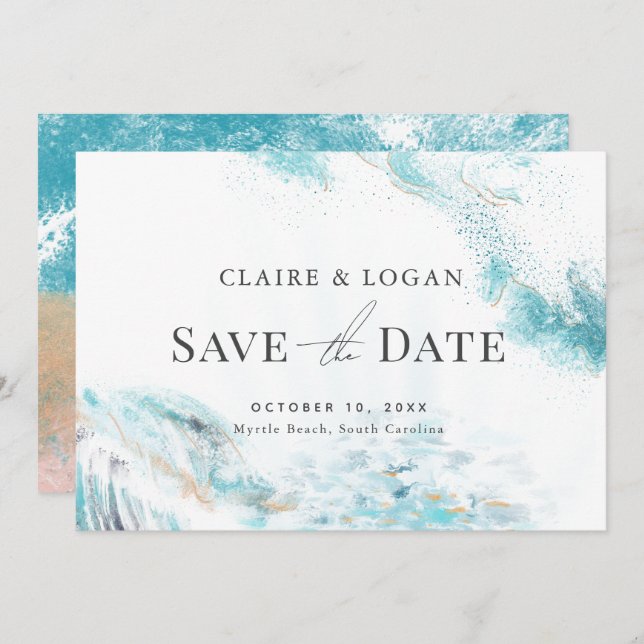 Invitation Splashing Blue Waves Coastal Wedding Enregistrer l (Devant / Derrière)