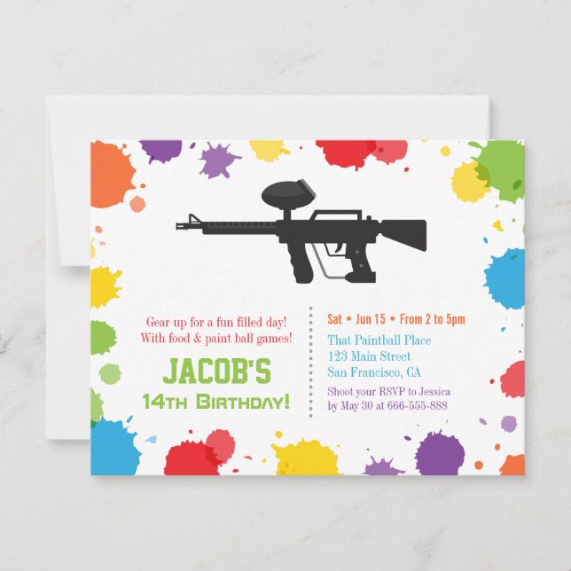 Invitation Splat Paints Rifle Paintball Fête d'anniversaire (Devant)