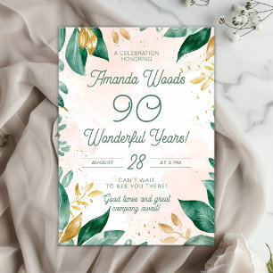 Invitation Splendid 90th Green and Golden Leaf Birthday