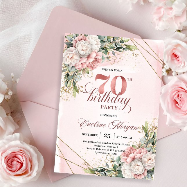 Invitation Splendid Rose Gold Watercolor Floral 70th Birthday (Splendid Rose Gold Watercolor Floral 70th Birthday Invitation)