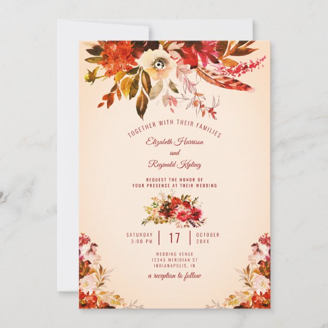 Invitation Splendor d'automne Aquarelle Floral Mariage d'ivoi (Devant)