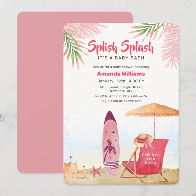 Invitation Splish Splash Aloha Planche de Surf Fête Prénatale (Devant / Derrière)