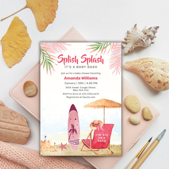 Invitation Splish Splash Aloha Planche de Surf Fête Prénatale (Splish Splash Aloha Surfboard Beach Baby Shower Invitation)