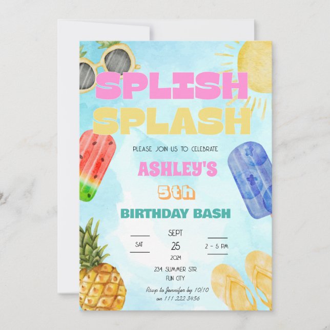Invitation Splish Splash Anniversaire Basse Fête de piscine p (Devant)