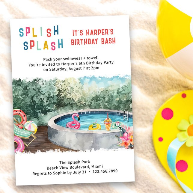 Invitation Splish Splash Anniversaire Enfants Bassin Fête de  (Splish Splash Birthday Bash kids invitation - perfect for waterpark, splash park, pool party etc)