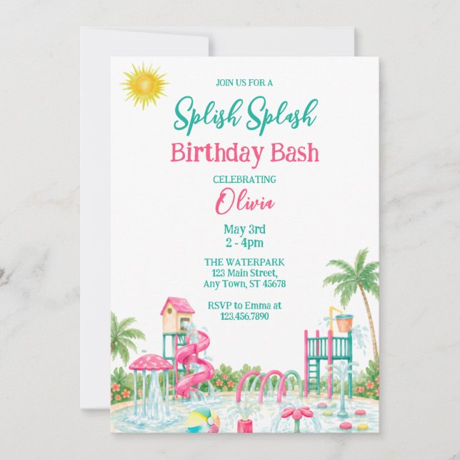 Invitation Splish Splash Anniversaire Fête à la Piscine (Devant)