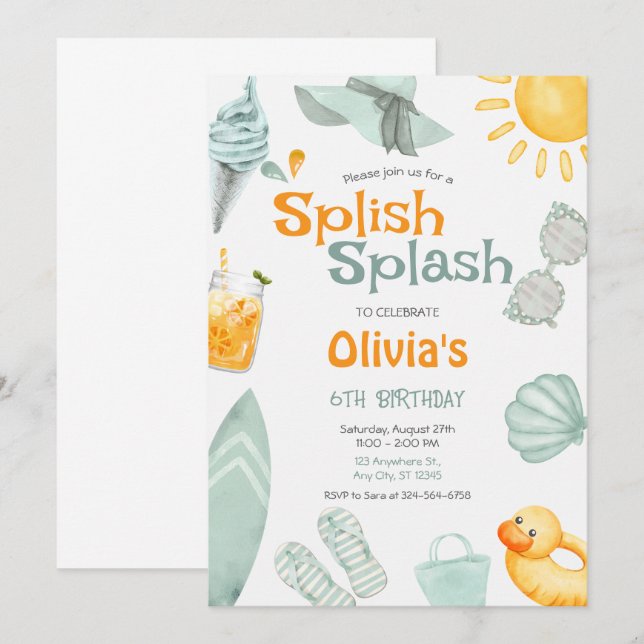 Invitation Splish Splash Anniversaire Fête de Piscine  (Devant / Derrière)