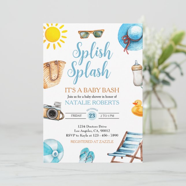 Invitation Splish Splash Blue Beach Summer Boy Baby shower (Debout devant)