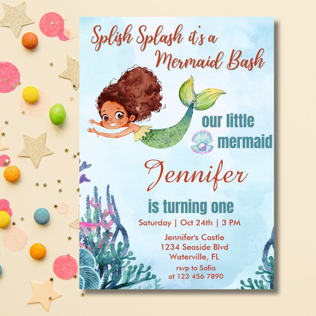Invitation Splish Splash Brown Mermaid Bash Girl 1er annivers (Créateur téléchargé)