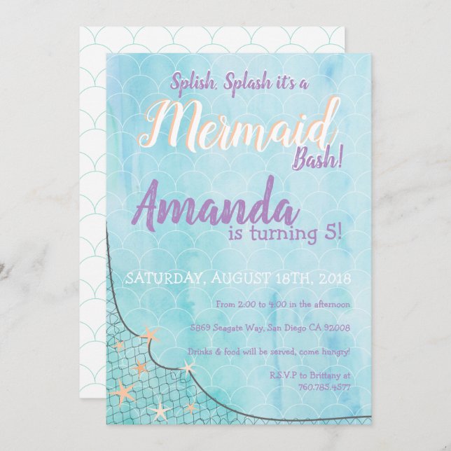Invitation Splish Splash C'est un thème d'anniversaire Mermai (Devant / Derrière)