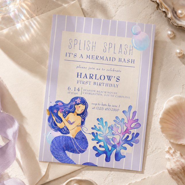 Invitation Splish Splash C'est une Fête de Sirène pour le Pre (Splish Splash It’s a Mermaid Bash First Birthday Invitation)