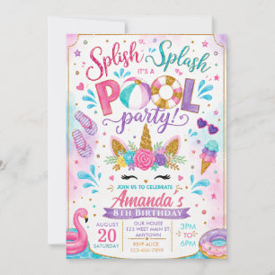 Invitation Splish Splash Été Licorne Pastel Anniversaire Pisc