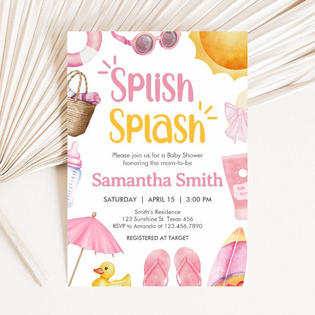 Invitation Splish Splash Fête de Naissance d'Été Bébé (Pink Splish Splash Baby Shower Invitation)