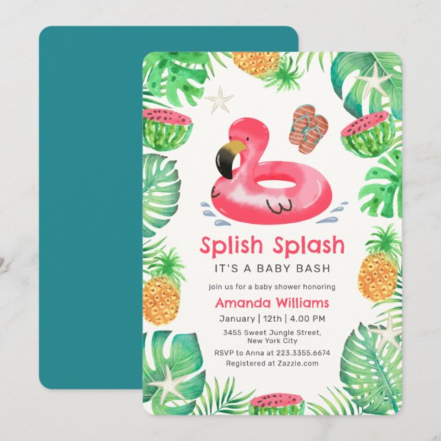 Invitation Splish Splash Fête Tropicale de Bébé Piscine  (Devant / Derrière)