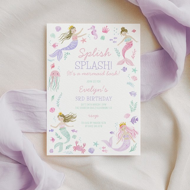 Invitation Splish Splash Filles de Sirène Anniversaire Violet (Splish Splash! It's a mermaid bash! Purple mermaid invitation)