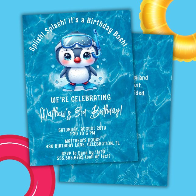 Invitation Splish Splash Garçon Pingouin Piscine Fête d'anniv (Créateur téléchargé)